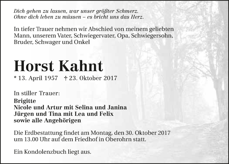  Traueranzeige für Horst Kahnt vom 26.10.2017 aus 