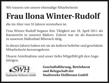 Traueranzeige von Ilona Winter-Rudolf 