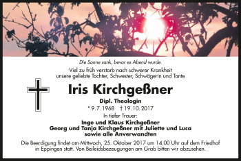 Traueranzeige von Iris Kirchgeßner 