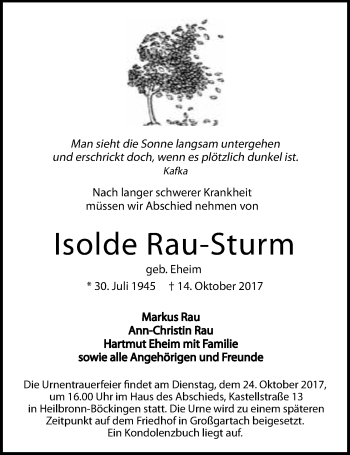 Traueranzeige von Isolde Rau-Sturm 