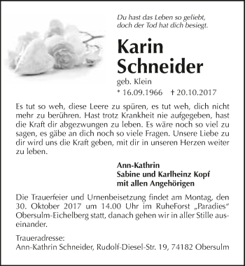 Traueranzeige von Karin Schneider 