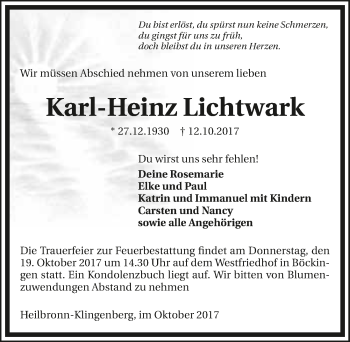 Traueranzeige von Karl-Heinz Lichtwark 