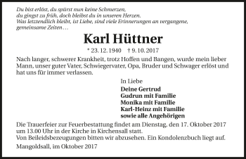 Traueranzeige von Karl Hüttner 