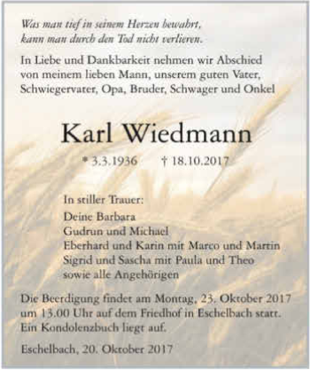 Traueranzeige von Karl Wiedmann 