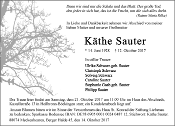 Traueranzeige von Käthe Sauter 