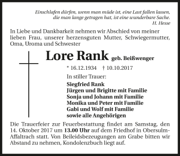 Traueranzeige von Lore Rank 