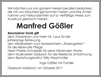 Traueranzeige von Manfred Gößler 