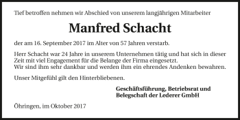 Traueranzeige von Manfred Schacht 