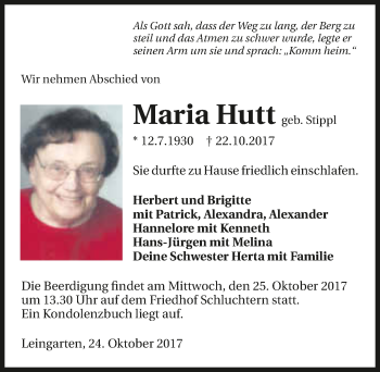 Traueranzeige von Maria Hutt 