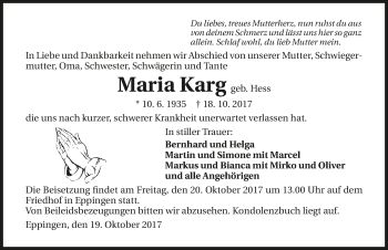 Traueranzeige von Maria Karg 