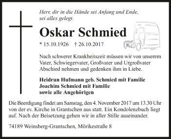 Traueranzeige von Oskar Schmied 