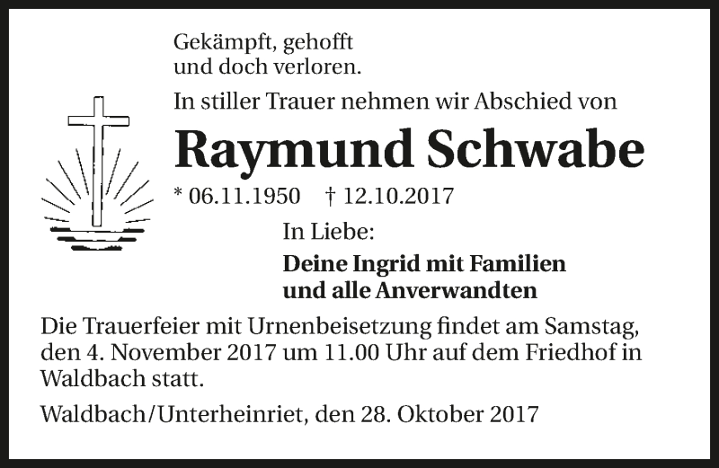  Traueranzeige für Raymund Schwabe vom 28.10.2017 aus 