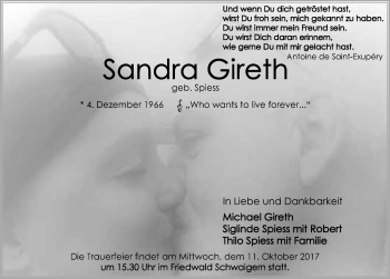 Traueranzeige von Sandra Gireth 