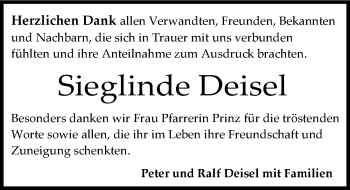 Traueranzeige von Sieglinde Deisel 