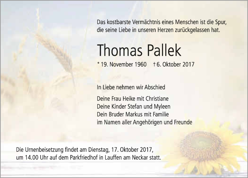  Traueranzeige für Thomas Pallek vom 11.10.2017 aus 