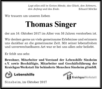 Traueranzeige von Thomas Singer 
