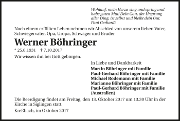 Traueranzeige von Werner Böhringer 
