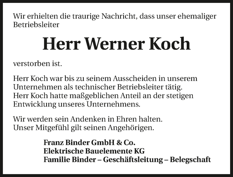  Traueranzeige für Werner Koch vom 10.10.2017 aus 