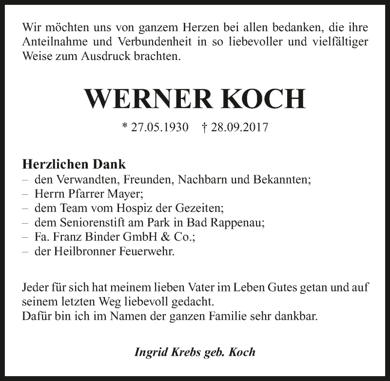  Traueranzeige für Werner Koch vom 21.10.2017 aus 