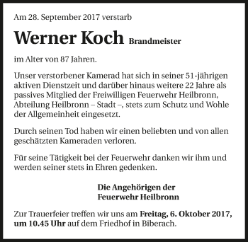 Traueranzeige von Werner Koch 