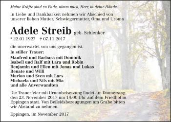 Traueranzeige von Adele Streib 