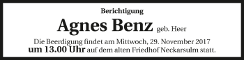 Traueranzeige von Agnes Benz 