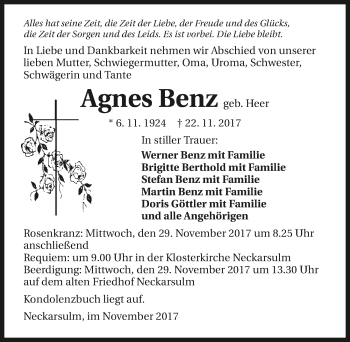 Traueranzeige von Agnes Benz 