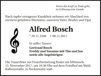 Traueranzeige von Alfred Bosch 