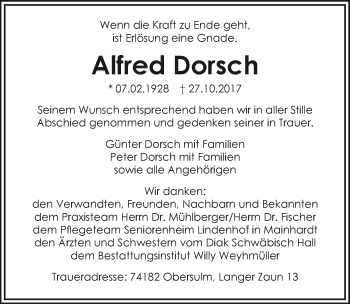 Traueranzeige von Alfred Dorsch 