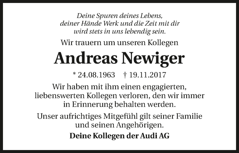  Traueranzeige für Andreas Newiger vom 24.11.2017 aus 