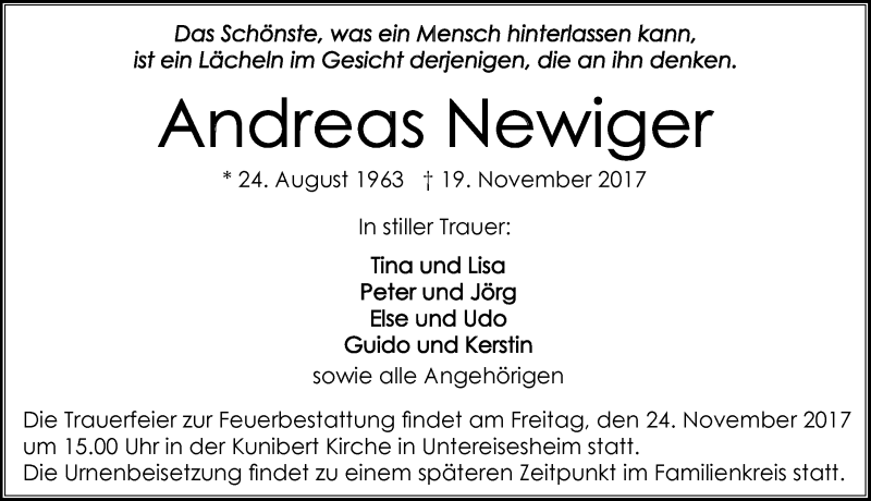  Traueranzeige für Andreas Newiger vom 22.11.2017 aus 