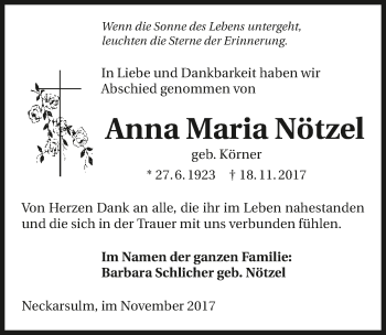 Traueranzeige von Anna Maria Nötzel 