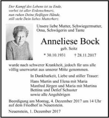 Traueranzeige von Anneliese Bock 