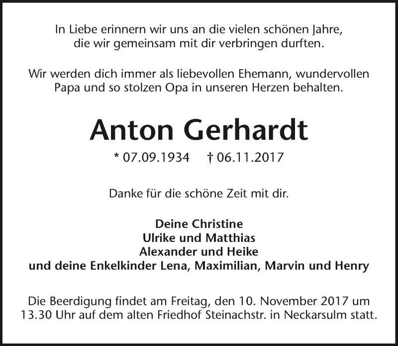  Traueranzeige für Anton Gerhardt vom 08.11.2017 aus 