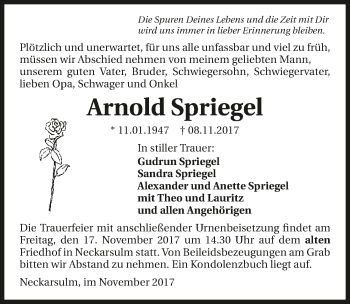 Traueranzeige von Arnold Spriegel 