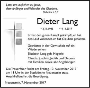 Traueranzeige von Dieter Lang 