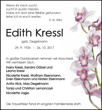 Traueranzeige von Edith Kressl 