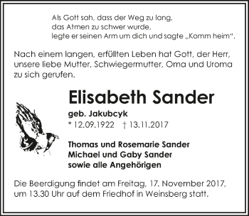 Traueranzeige von Elisabeth Sander 