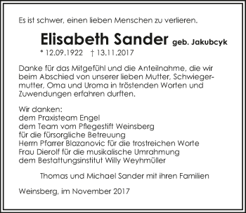 Traueranzeige von Elisabeth Sander 