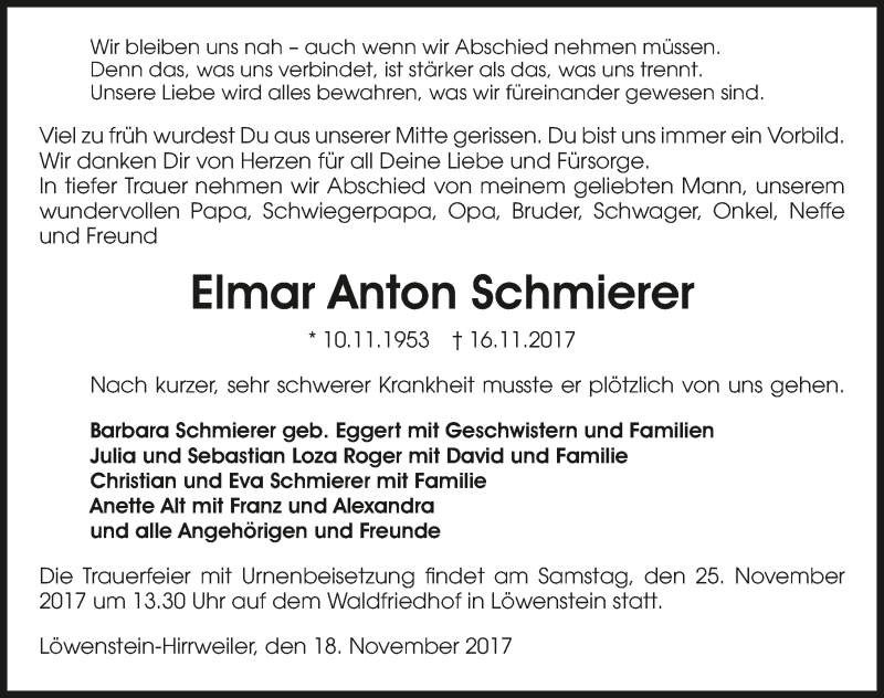  Traueranzeige für Elmar Anton Schmierer vom 18.11.2017 aus 