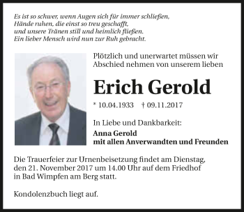 Traueranzeige von Erich Gerold 