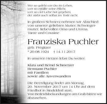 Traueranzeige von Franziska Puchler 