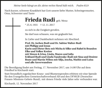 Traueranzeige von Frieda Rudi 