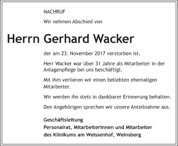 Traueranzeige von Gerhard Wacker 