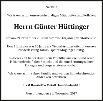 Traueranzeige von Günter Hüttinger 