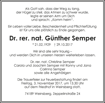 Traueranzeige von Günther Semper 