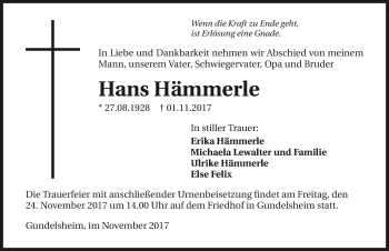 Traueranzeige von Hans Hämmerle 