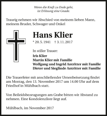 Traueranzeige von Hans Klier 