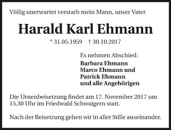 Traueranzeige von Harald Karl Ehmann 