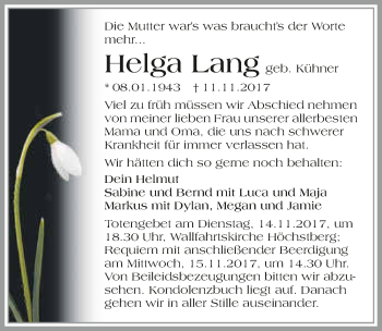 Traueranzeige von Helga Lang 